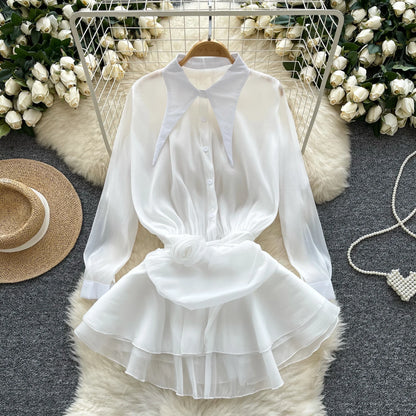 3D Floral Vintage Shirt Women Lapel Neck Long Sleeves Sheer Bohemian Organza Blouse