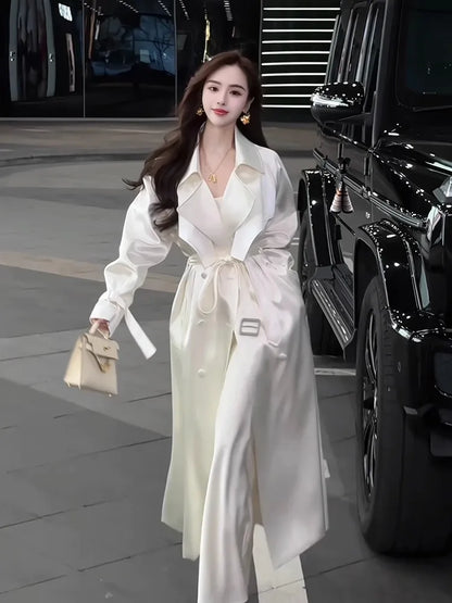 Long Flowy Shiny White Trench Coat for Women Double Breasted Design