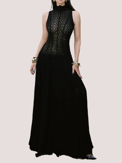 Solid Spliced Appliques Loose Maxi Dress For Women O Neck Sleeveless High Waist Dress