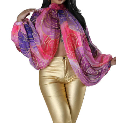 Womens Chiffon Blouse Sexy See Through Lantern Sleeve Front Back Open High Neck Blouses Tops