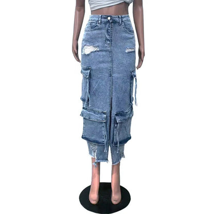 Women's High Split Ripped Denim Maxi Skirt Jeans Cargo Skirt Y2k