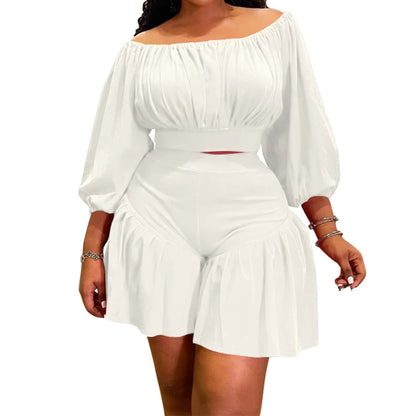 Plus Size Women's Set Long Sleeve Slash Neck T-Shirt and Shorts Summer Two 2 Piece Set