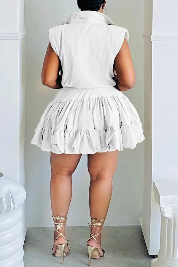 Women's Sleeveless Shirt and Short Skirt Set, Solid Color, Sexy, Sleeveless, Pleated, Elegant, Summer Set