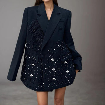 Stamping Nail Beads Blazer for Women's Notched Collar Double Breasted Loose Feather Patchwork Suit Jacket