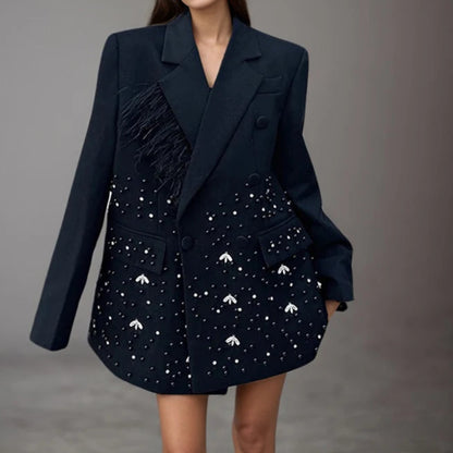 Stamping Nail Beads Blazer for Women's Notched Collar Double Breasted Loose Feather Patchwork Suit Jacket