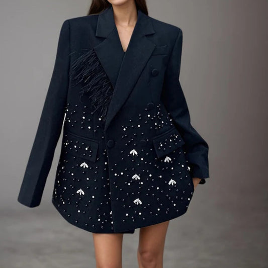 Stamping Nail Beads Blazer for Women's Notched Collar Double Breasted Loose Feather Patchwork Suit Jacket