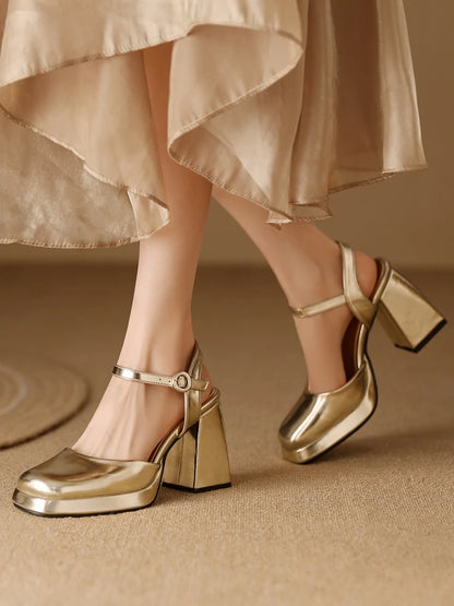 Luxury Women's Sandals Summer Shoes Ankle Strap Gold Silver High Heels Close Toe Party Shoes