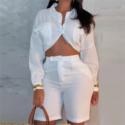 Women Temperament Elegant Shirt 2-piece Shorts Set White Long Sleeve midriff-baring Blouse High Waist Shorts Sets