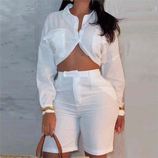Women Temperament Elegant Shirt 2-piece Shorts Set White Long Sleeve midriff-baring Blouse High Waist Shorts Sets