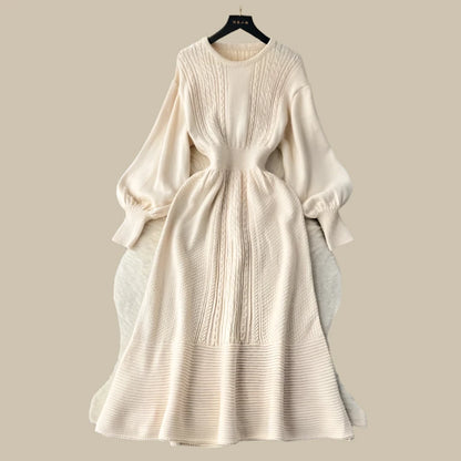 Lazy Style Round Neck Waist Wrapped Slim Mid Length Bubble Sleeve Knitted Dress