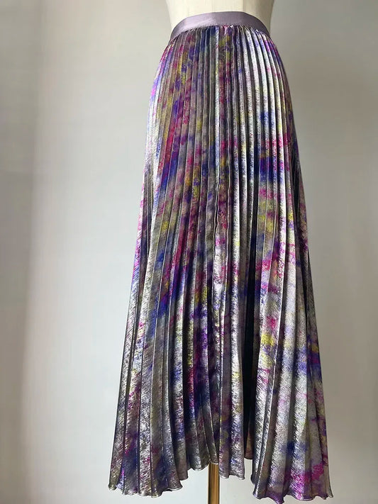 Shiny Colorful Luxury High Waist Midi Skirt Elastic Waistband Pleated Skirt