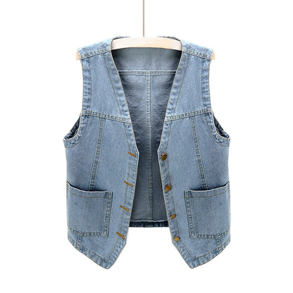 Woman Sleeveless Denim Vest V Neck Button Down Jacket V Neck Button Loose Ladies Vest