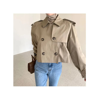 Vintage Double Breasted Crop Jacket Trench Jackets Women Loose Chic Windbreaker