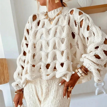Sexy Hollow Out Long Sleeved Knitted Sweater Loose Crochet Pullover