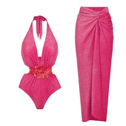 Swimwear Women With Skirt Bathing Suit Summer New Ruffle Splice Print Beachwear Bikini Cover Ups