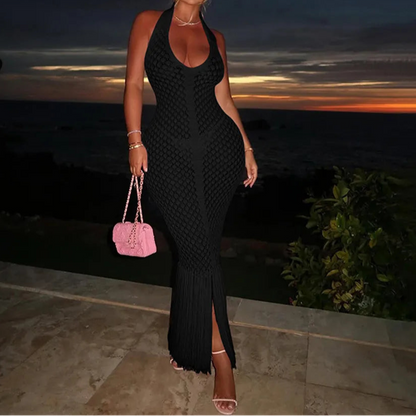 Sexy Deep V Neck Halter Tassel Women Knitted Long Bodycon Dress Maxi Dress