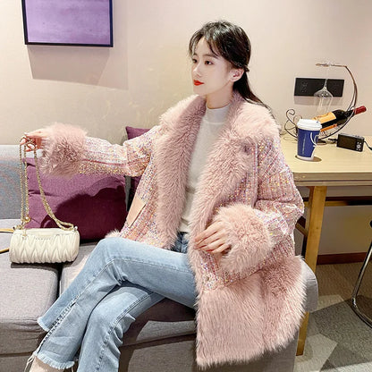 Glitter Coarse Wool Blended Fur Coat Long Sleeve Loose Coat