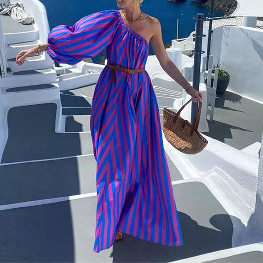 Striped Maxi Dress Women Off Shoulder One Sleeve Skew Neck Party Club High Waist with Sashes A-line Maxi Dress