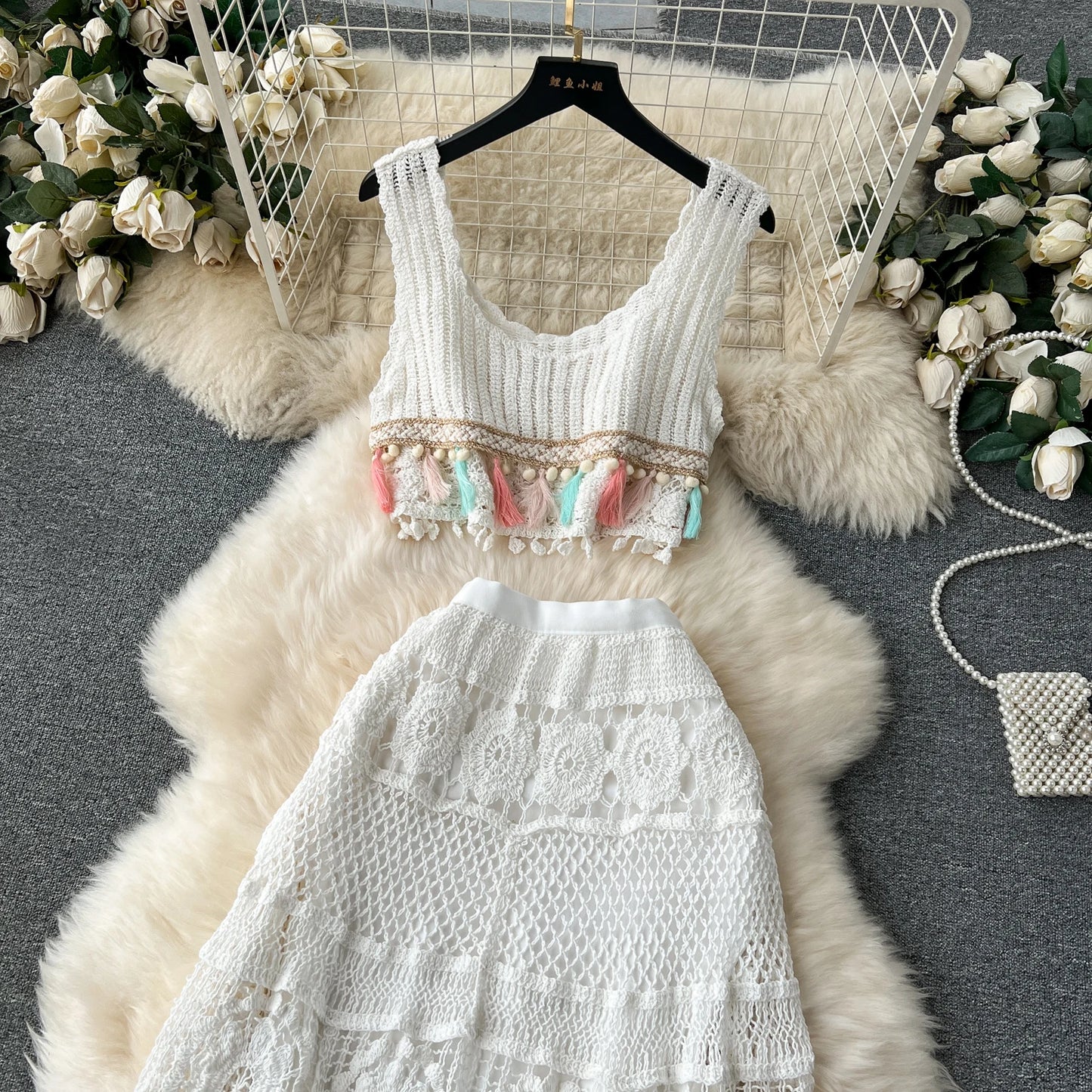 Bohemian Vintage Knit Two Piece Tank Tassels Crop Tops+Loose Hooked Hollow Out Skirt Beach Outfit