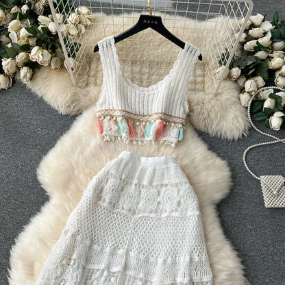 Bohemian Vintage Knit Two Piece Tank Tassels Crop Tops+Loose Hooked Hollow Out Skirt Beach Outfit