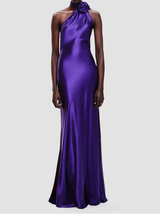 Bridesmaids Neck 3D Flower Backless Long Dress Women Purple Sleeveless Ribbon Draped Maxi Dress