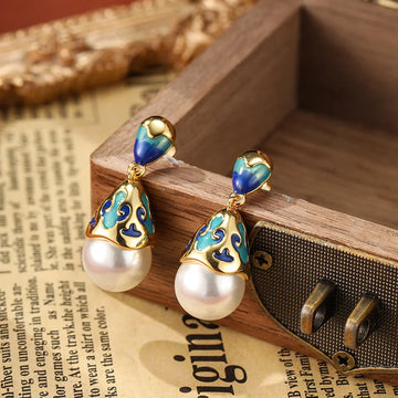 Grid Enamel Earrings Simulated Pearl Dropping Oil Retro Style Earrings for Women