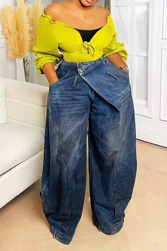 Women Loose Denim Jeans Pants Asymmetric Button Pocket Washed Jeans for Women