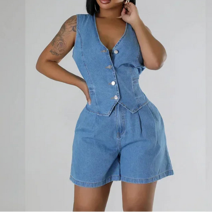Summer V Neck Sleeveless Waistcoats Women Two Piece Sets Straight Denim Shorts Female Suits
