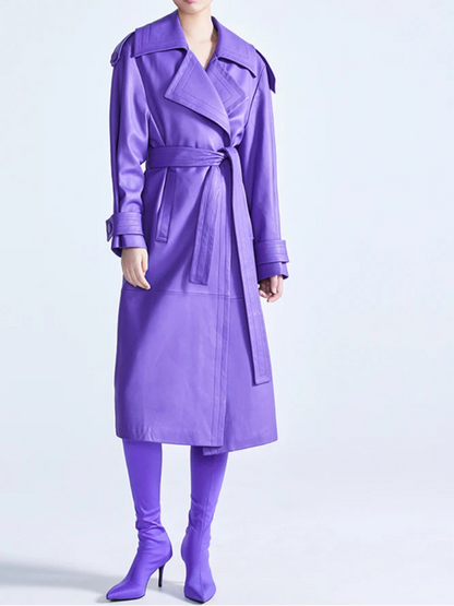 Elegant Purple Colored Faux Leather Trench Coat for Women Sashes Runway Coat
