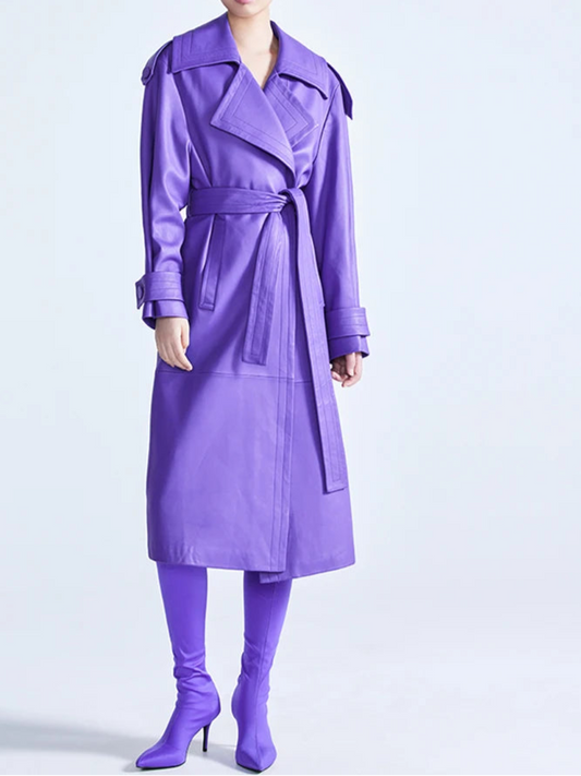 Elegant Purple Colored Faux Leather Trench Coat for Women Sashes Runway Coat