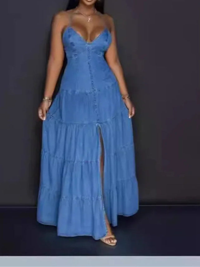 Elegant Sexy Deep V Neck Halter Denim Maxi Dress