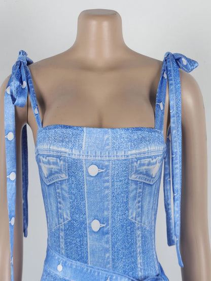 Beautiful Blue Denim Print Monokini Skirt Set Two-Piece Set New Chic High Slit Bandage Matching Set Vacation Outfits