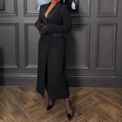 Women Blazer Dress Double Breasted Notched Long Sleeve Maxi Blazer Dress