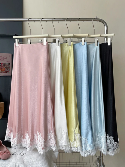 Satin Skirt With Lace Trim Patchwork Pack Hip Long A-line Skirt