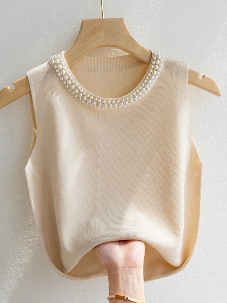 Knitted Sleeveless Beaded Casual Thin Tops