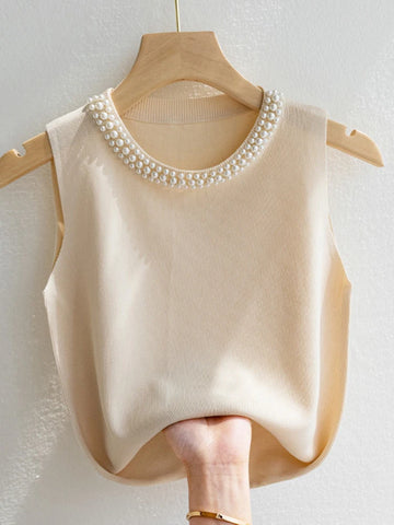Knitted Sleeveless Beaded Casual Thin Tops