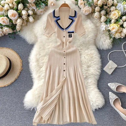 Women Contrast Color Midi Dress Elegant Pockets Short Sleeves Button Down Dress