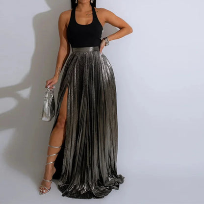 High Side Split Big Swing Pleated Floor Length Skirt High Waist Maxi Skirts