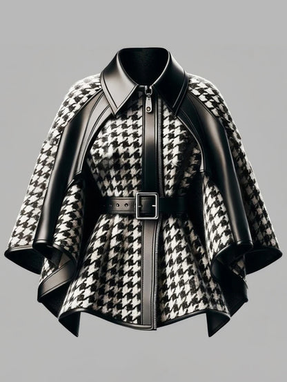 Houndstooth Pattern Women's Jacket Asymmetrical Cape Sleeves Jacket