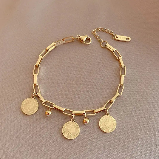 Women 1pcs Gold-color Stainless Steel Round Sign Portrait Pendant Bracelet
