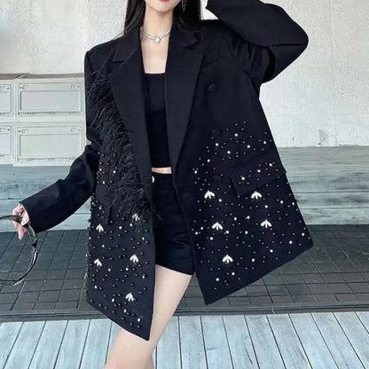 Stamping Nail Beads Blazer for Women's Notched Collar Double Breasted Loose Feather Patchwork Suit Jacket
