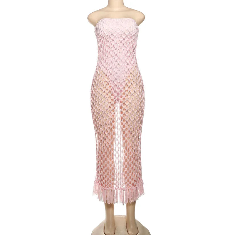 Women Beach Wear 2 Piece Set Sexy Knit Strapless Tassel Hem Dress+Bodysuit Vacation Wear