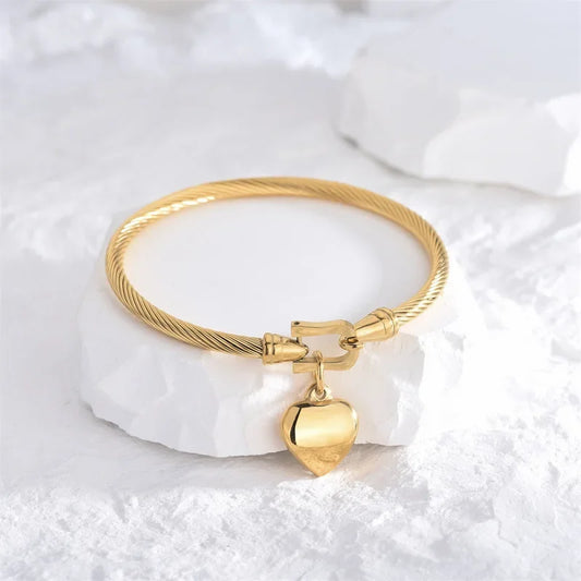 Gold Color Stainless Steel Heart Pendant Charm Bangle Bracelets for Women
