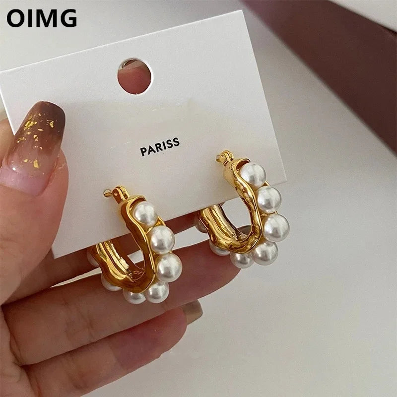 Stainless Steel Gold Plated Temperament Gorgeous Pearl Hoop Earrings For Women