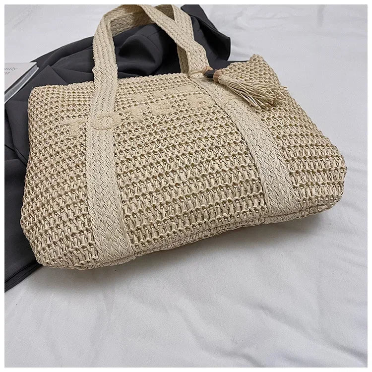 Women's Large Capacity Shoulder Bag Straw Woven Bag Letter Embroidery Handbag