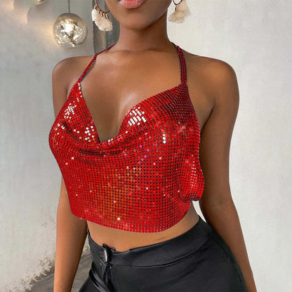 Sexy Sequins Metal Crop Tops Women Suspenders Halter Backless Night Club Tank Top