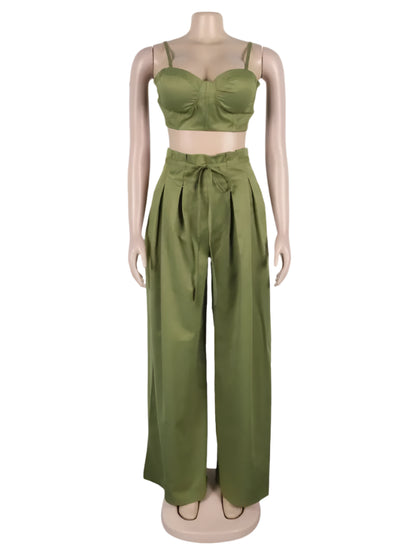 Sexy Zip Crop Camisole and High Waisted Drawstring Wide Leg Trousers 2 Piece Women Pants Suit Streetwear