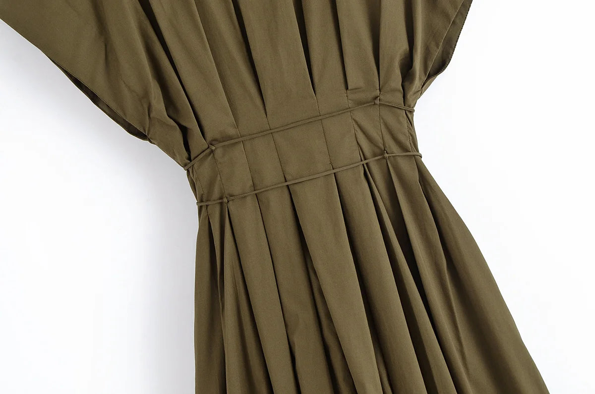 V-neck Lace-up Midi Dress Short Sleeve Backless Pleated Dress