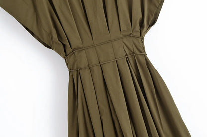 V-neck Lace-up Midi Dress Short Sleeve Backless Pleated Dress