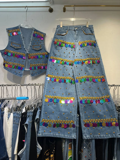 Sequined Denim Rhinestones Jeans Sleeveless Cowboy Vest + Jeans Pants